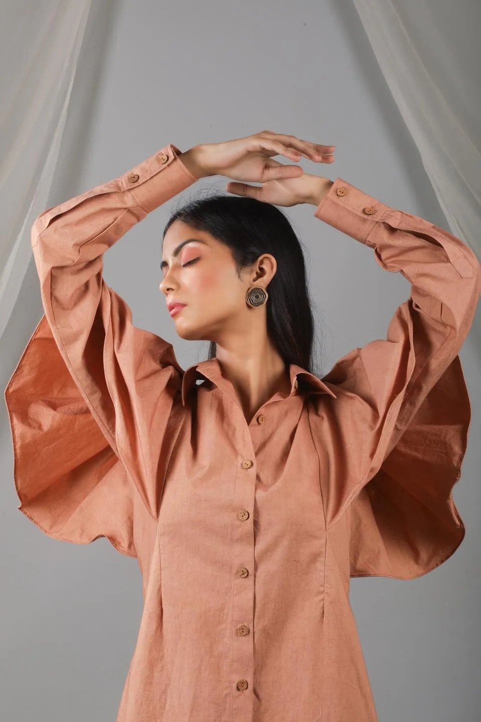 Roasted Almond Shoulder Ruffle Shirt Dress