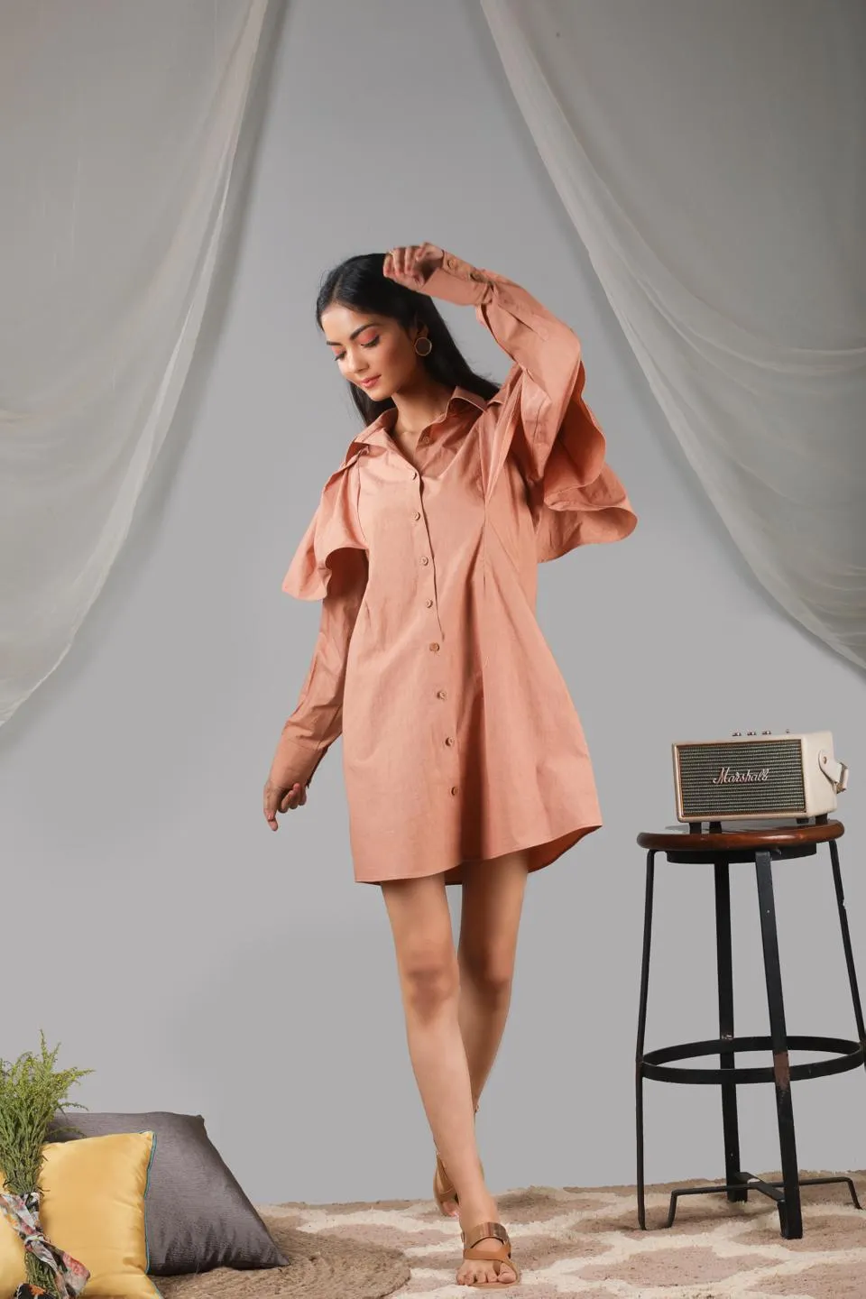 Roasted Almond Shoulder Ruffle Shirt Dress