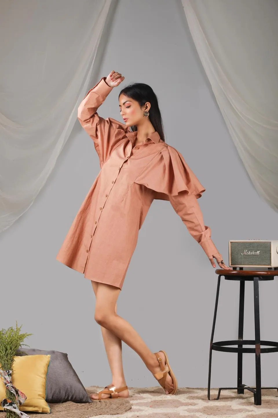 Roasted Almond Shoulder Ruffle Shirt Dress