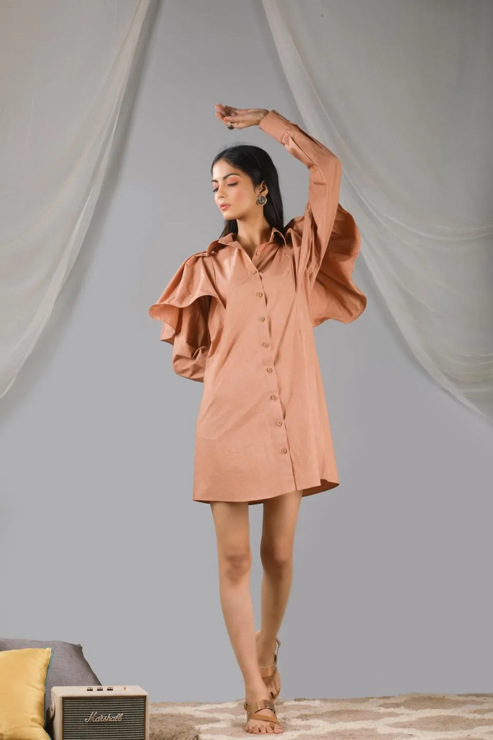 Roasted Almond Shoulder Ruffle Shirt Dress