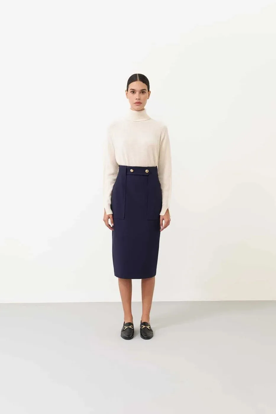 Roman Button Detailed Midi Skirt Navy