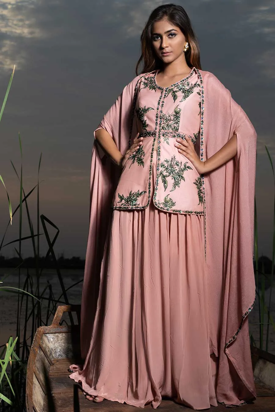 Rossa Peplum Top & Skirt with Attached Cape Co-ord set
