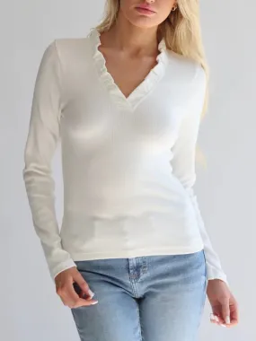 Ruffle Neck Ribbed Top - Off White