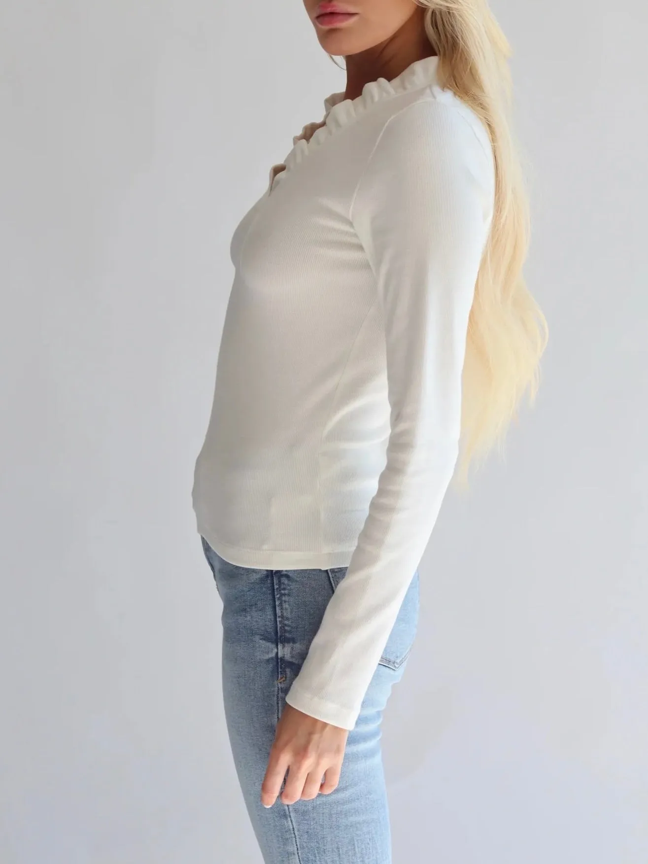 Ruffle Neck Ribbed Top - Off White