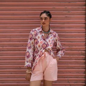 Ruhani White and Pink Ikat Blockprinted Shirt