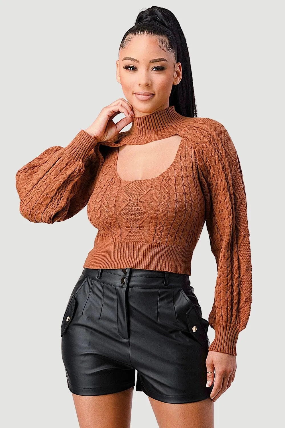 SEXY CUT OUT TURTLENECK LONG SLEEVE KNIT SWEATER