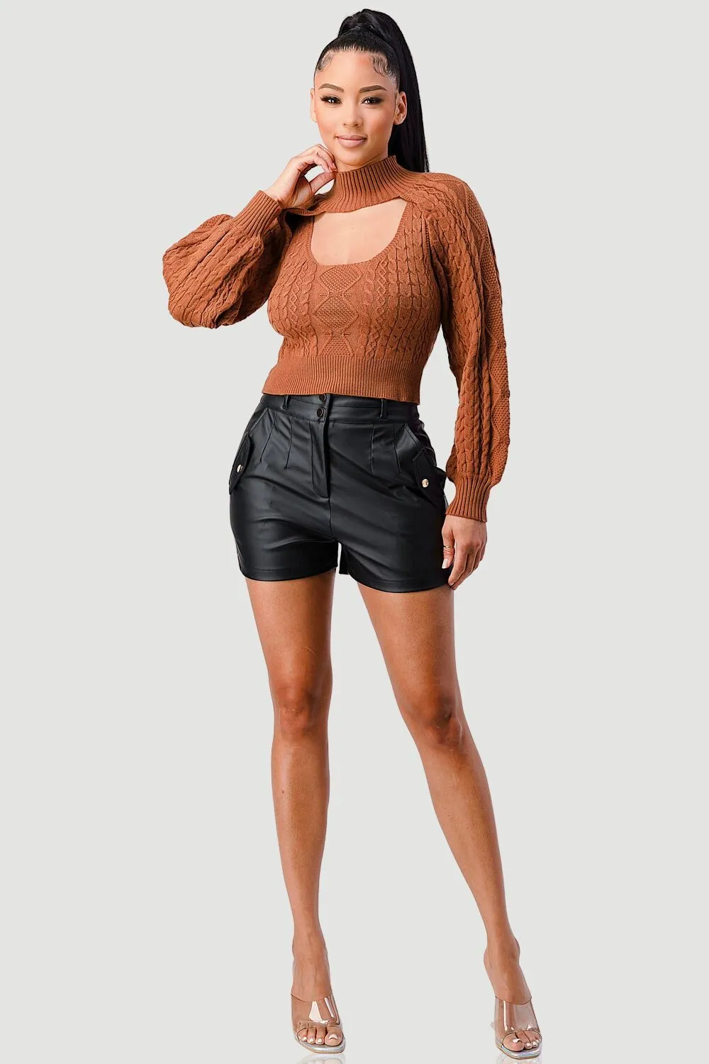 SEXY CUT OUT TURTLENECK LONG SLEEVE KNIT SWEATER
