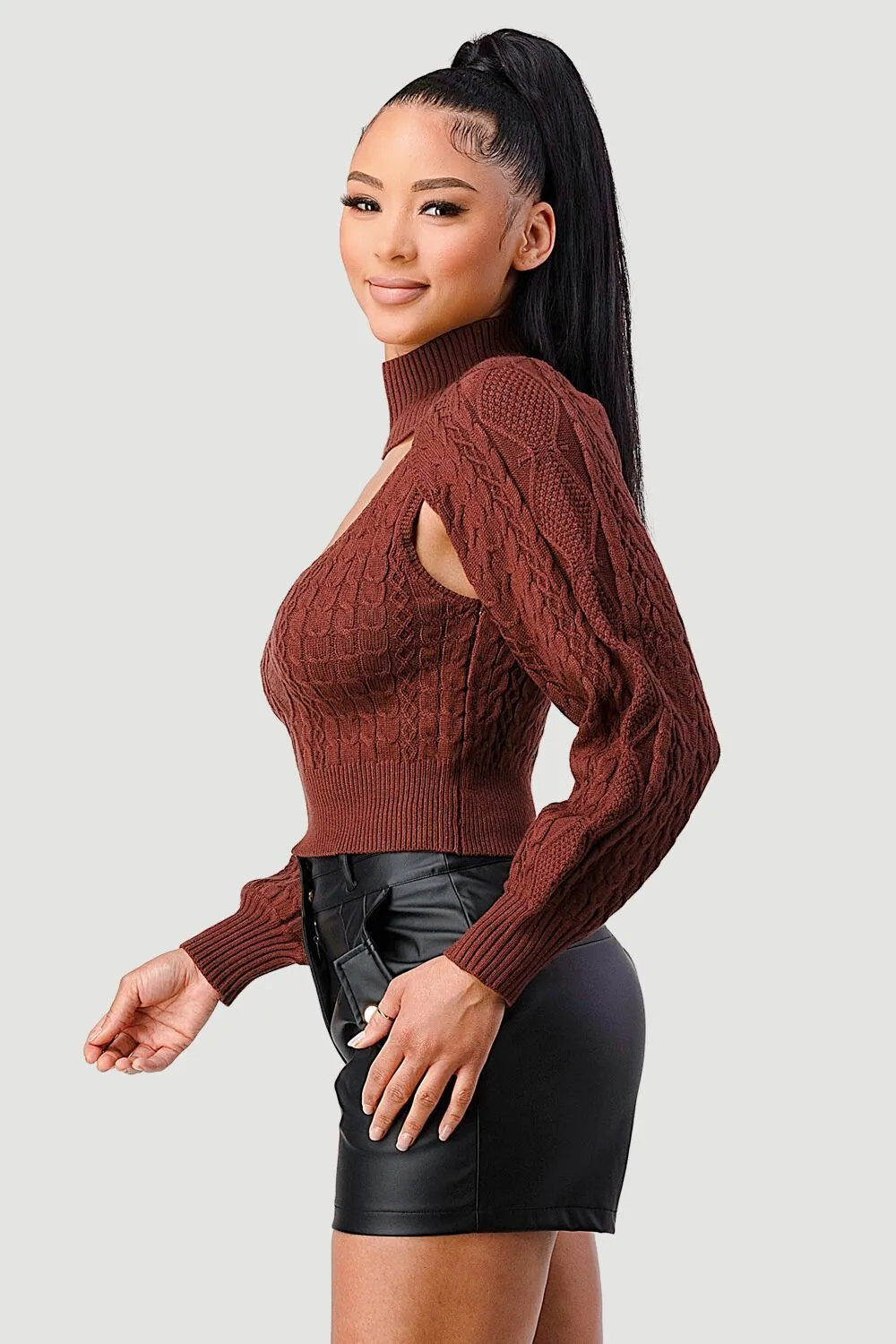 SEXY CUT OUT TURTLENECK LONG SLEEVE KNIT SWEATER