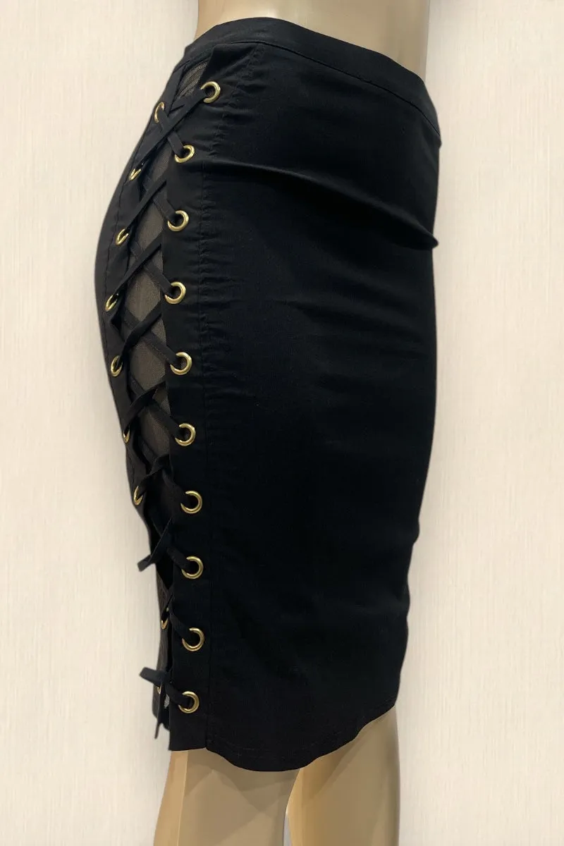 Side Lace Up Mesh Midi Skirt