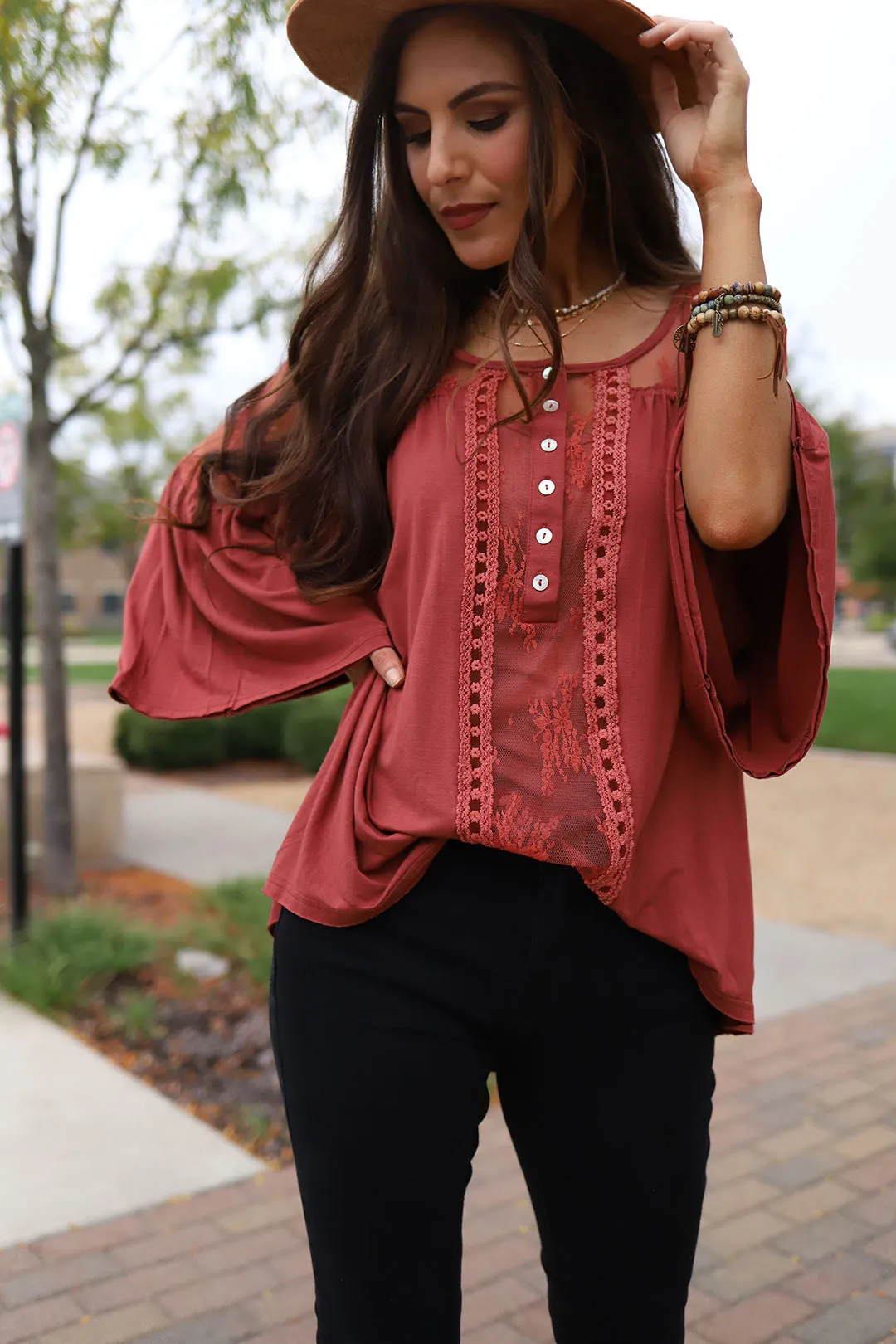Skyenne Lace Bohemian Top - Brick