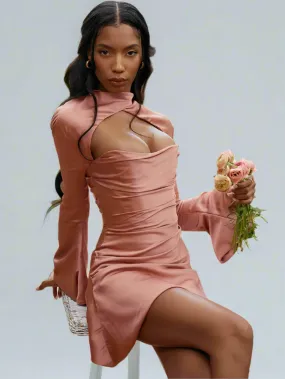 Solid Color Silk Criss-Cross Turtleneck Flare Long Sleeve Hollow Out Ruched Mini Dress
