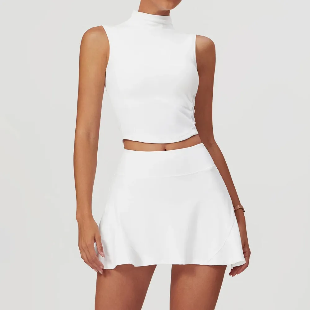 Solid Color Stretchy Turtleneck Sleevless Top And Flowy Mini Skirt Set