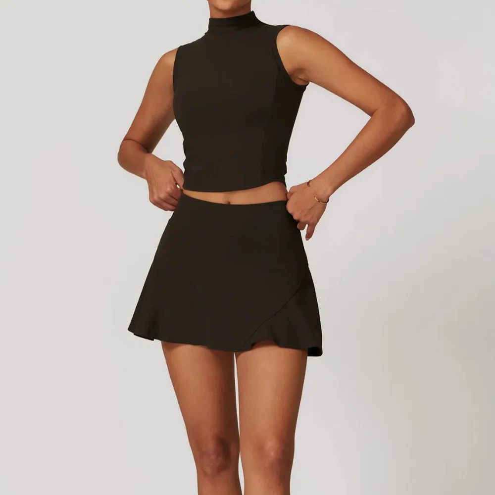 Solid Color Stretchy Turtleneck Sleevless Top And Flowy Mini Skirt Set