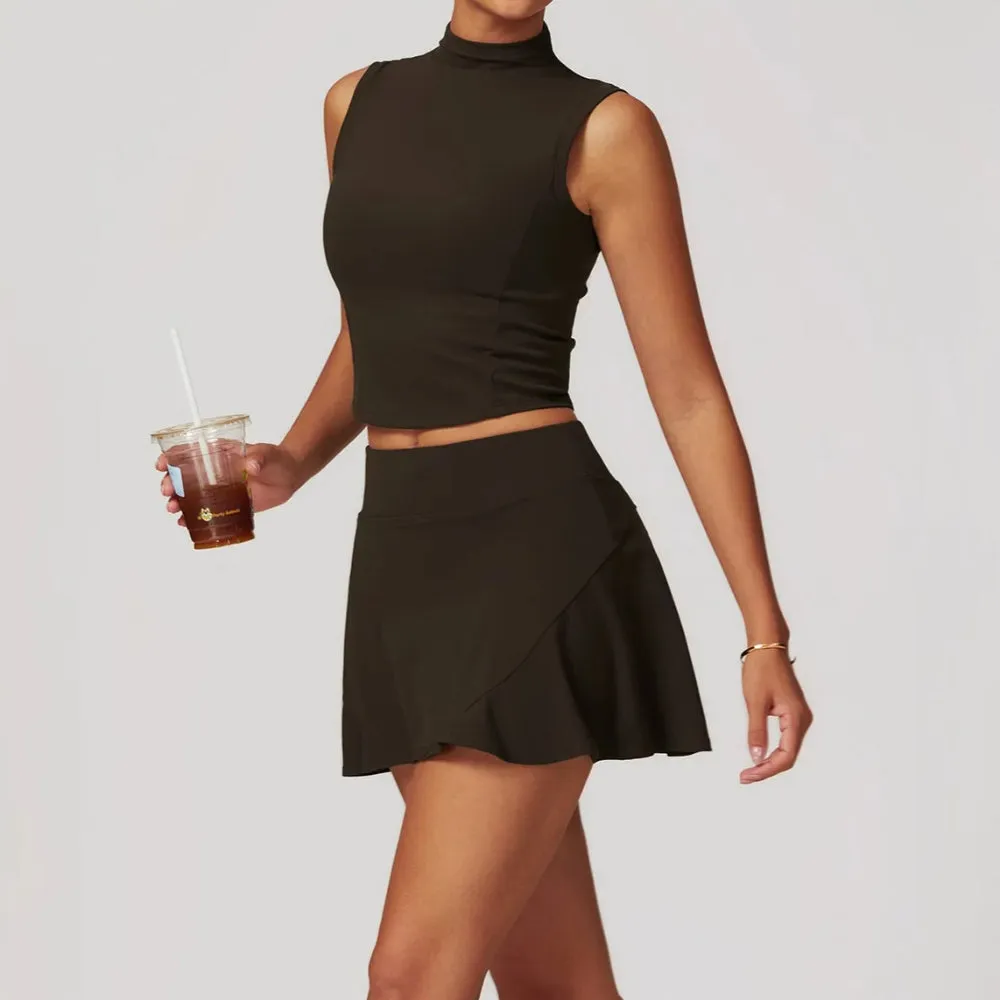 Solid Color Stretchy Turtleneck Sleevless Top And Flowy Mini Skirt Set