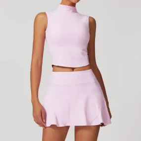 Solid Color Stretchy Turtleneck Sleevless Top And Flowy Mini Skirt Set