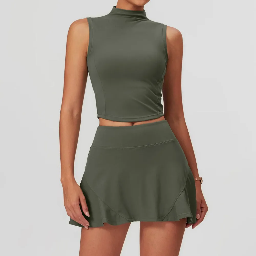 Solid Color Stretchy Turtleneck Sleevless Top And Flowy Mini Skirt Set