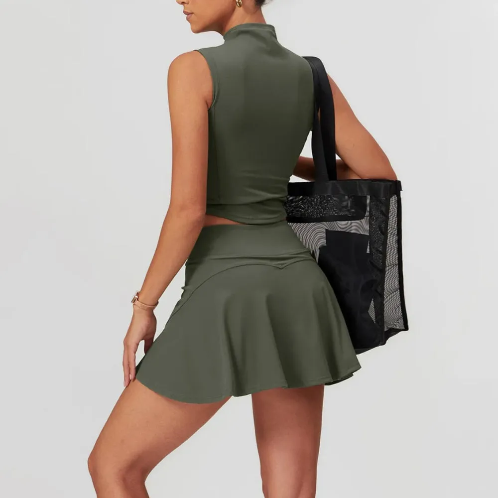Solid Color Stretchy Turtleneck Sleevless Top And Flowy Mini Skirt Set