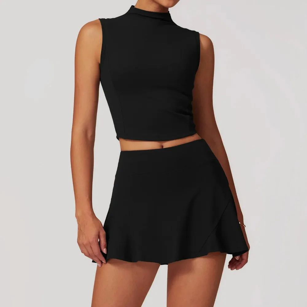 Solid Color Stretchy Turtleneck Sleevless Top And Flowy Mini Skirt Set