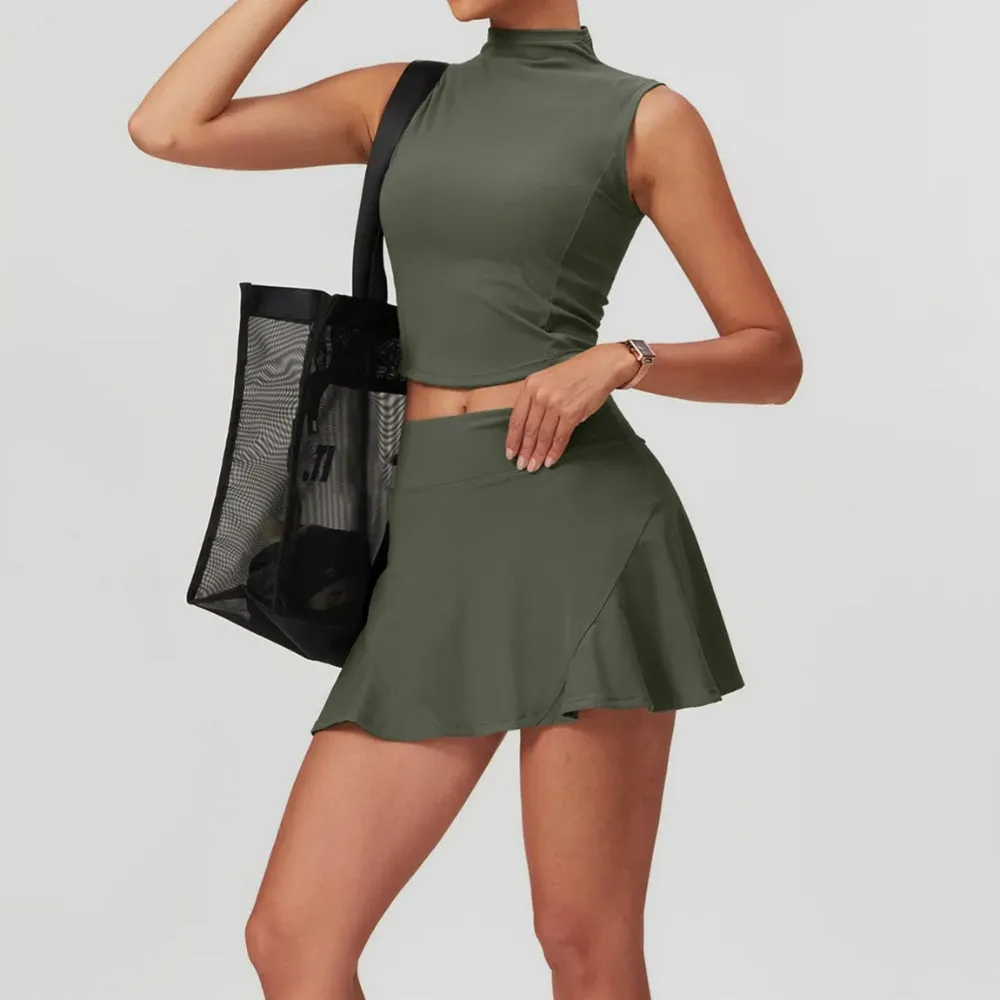 Solid Color Stretchy Turtleneck Sleevless Top And Flowy Mini Skirt Set