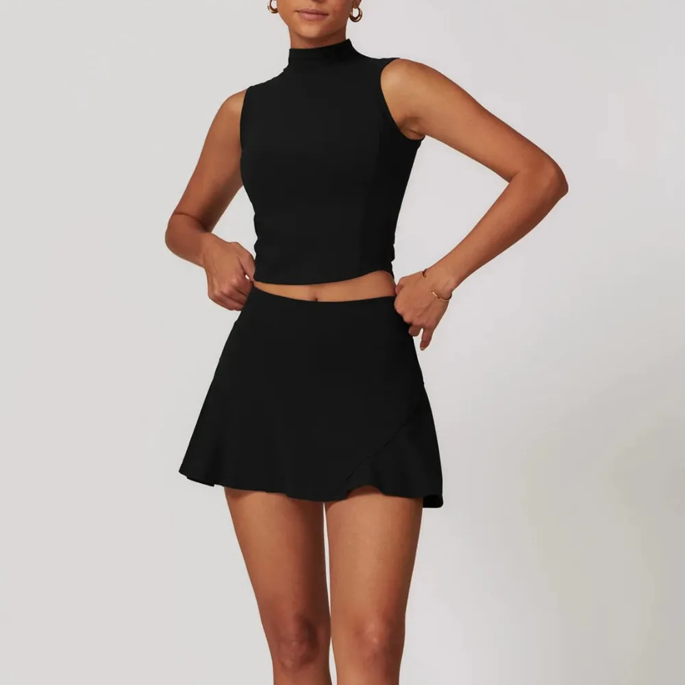 Solid Color Stretchy Turtleneck Sleevless Top And Flowy Mini Skirt Set