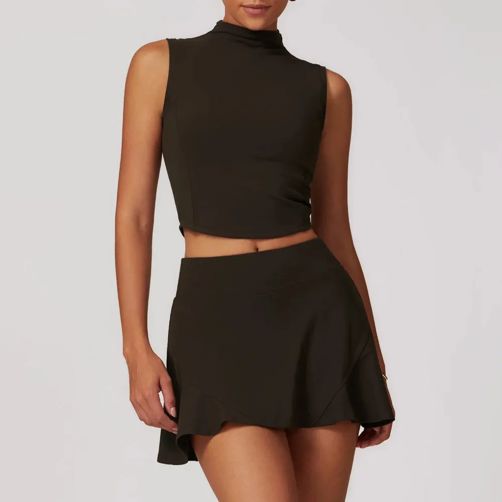 Solid Color Stretchy Turtleneck Sleevless Top And Flowy Mini Skirt Set