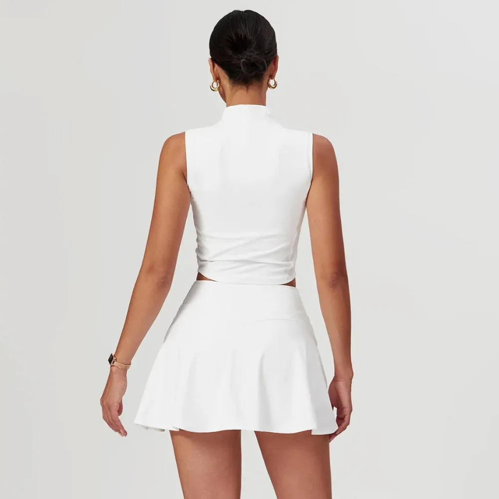 Solid Color Stretchy Turtleneck Sleevless Top And Flowy Mini Skirt Set