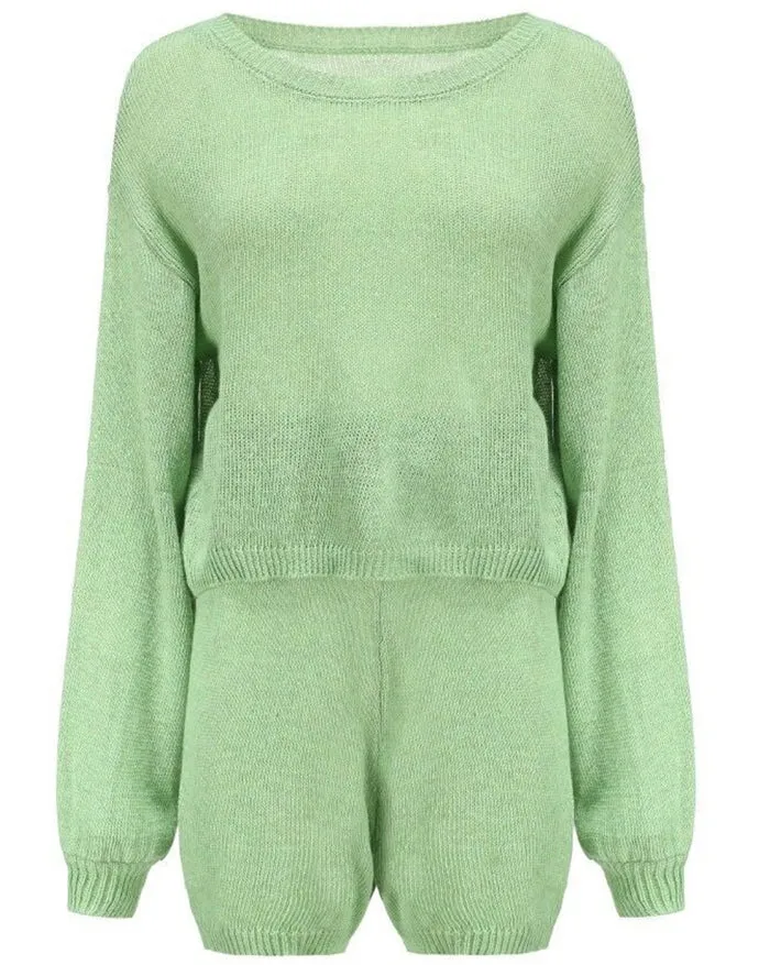 Solid Knit Top & Tie Waist Shorts Lounge Set