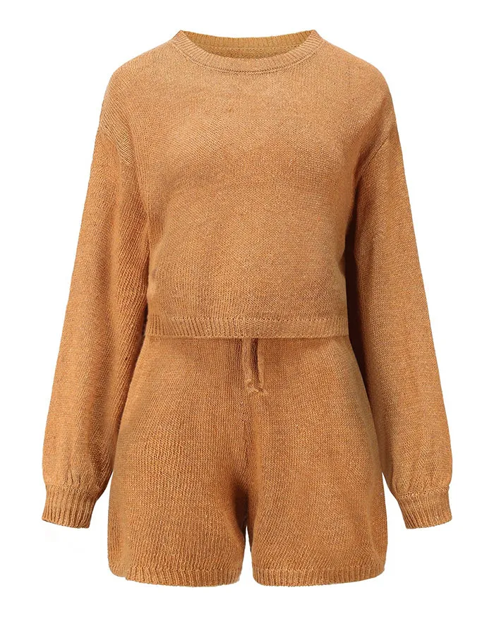 Solid Knit Top & Tie Waist Shorts Lounge Set
