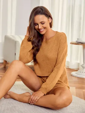 Solid Knit Top & Tie Waist Shorts Lounge Set