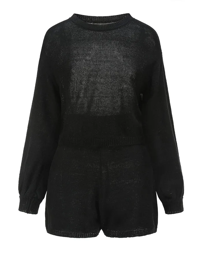 Solid Knit Top & Tie Waist Shorts Lounge Set