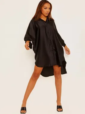 Tony Oversized Dip Hem Satin Shirt Dress In Black