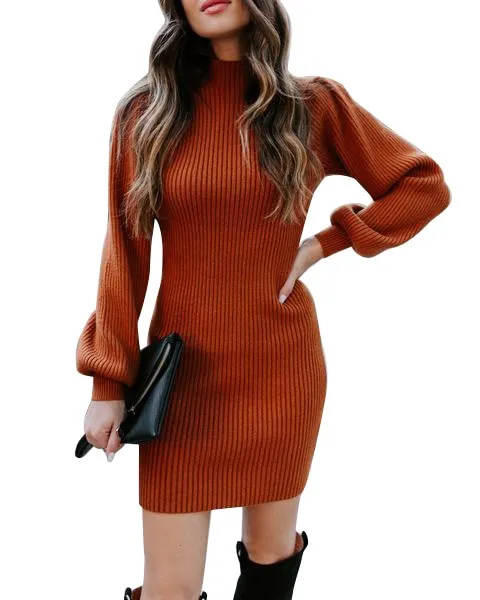 Turtleneck Puff Sleeve Knit Sweater Dress