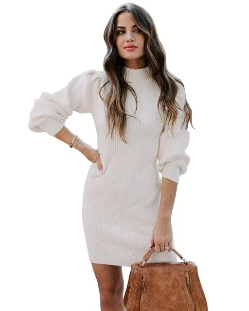 Turtleneck Puff Sleeve Knit Sweater Dress