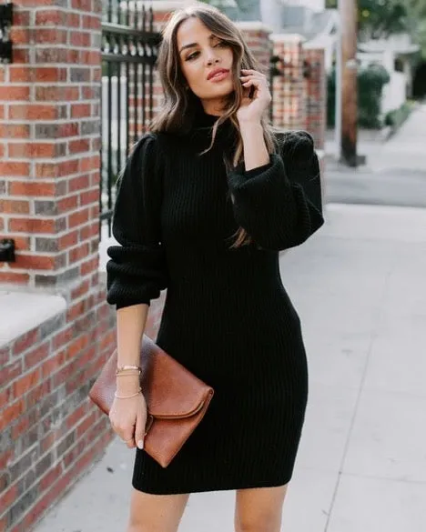 Turtleneck Puff Sleeve Knit Sweater Dress