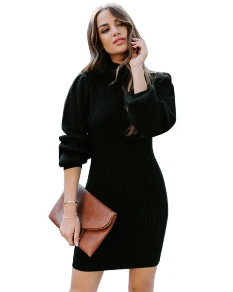 Turtleneck Puff Sleeve Knit Sweater Dress