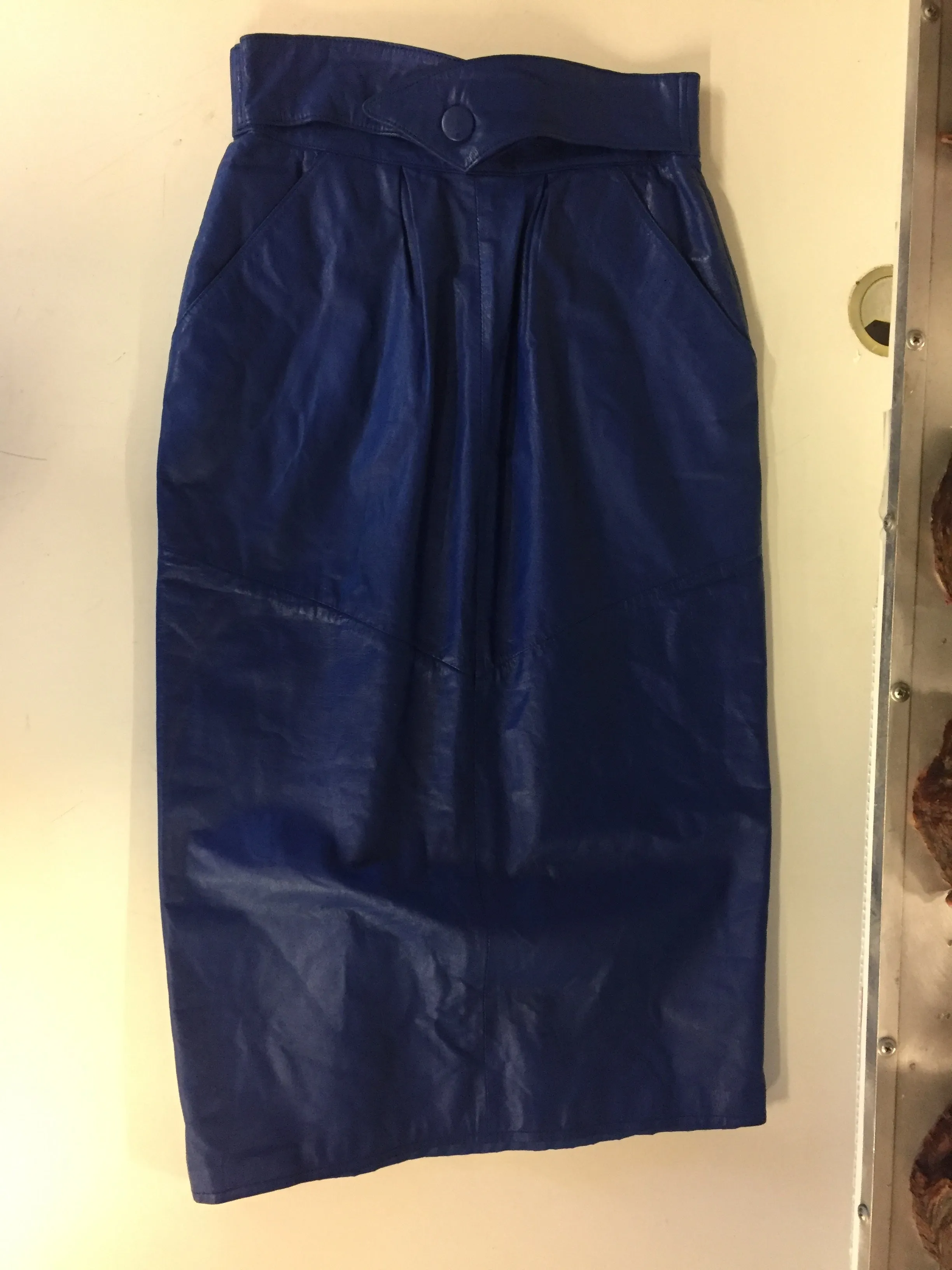 Vintage 1980's Electric Blue Leather Pencil Skirt By Leather Loft