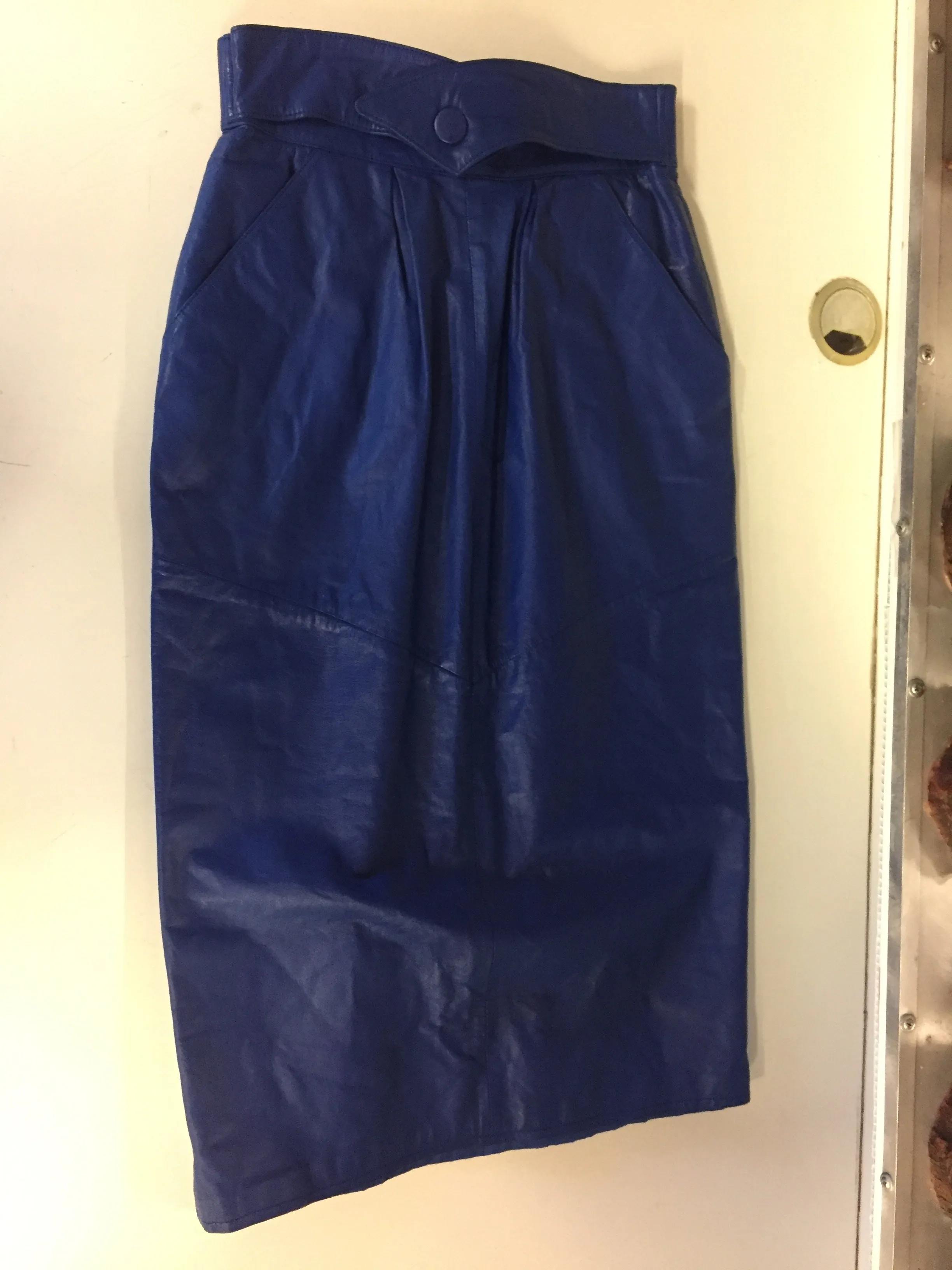 Vintage 1980's Electric Blue Leather Pencil Skirt By Leather Loft
