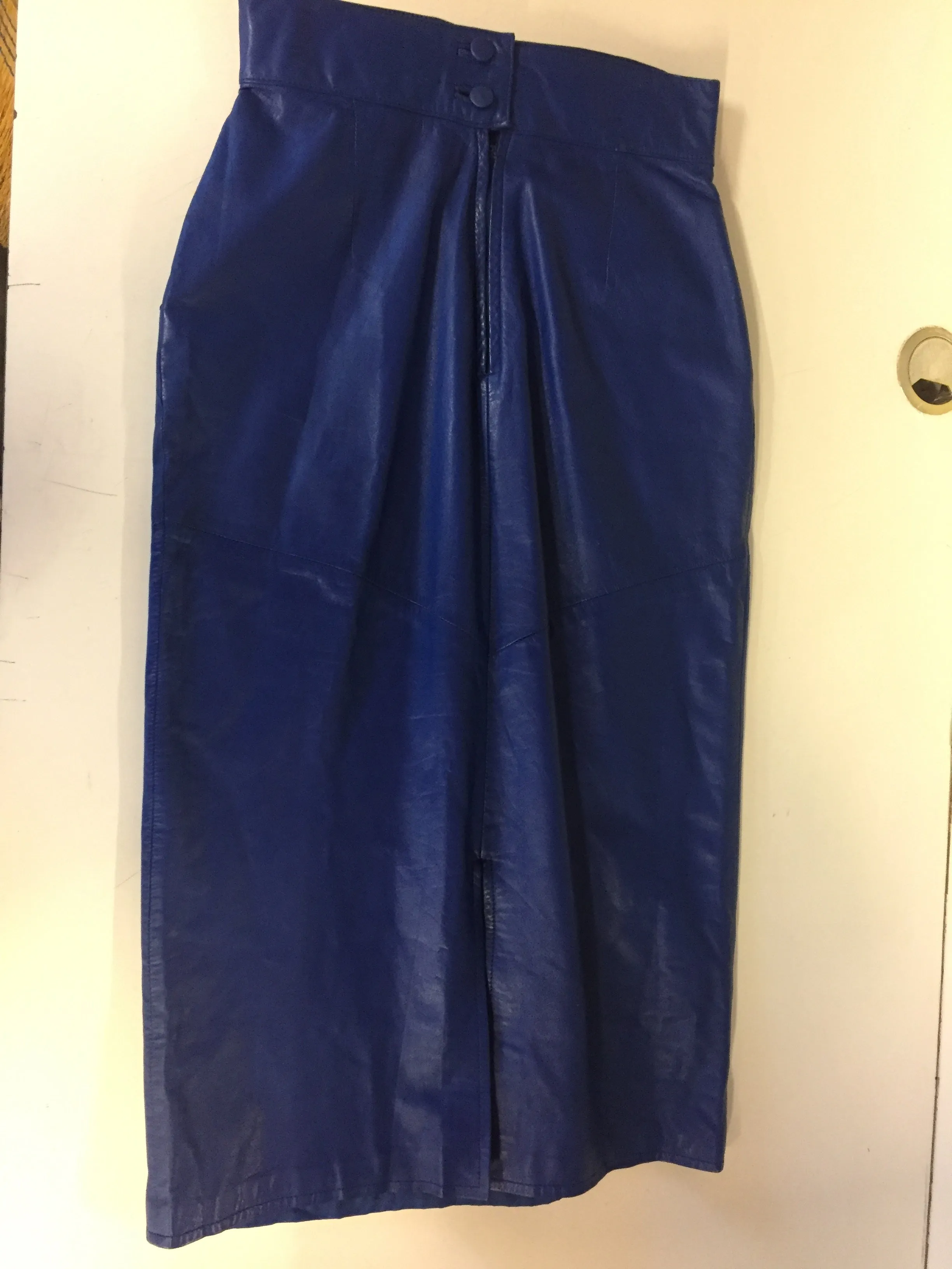 Vintage 1980's Electric Blue Leather Pencil Skirt By Leather Loft