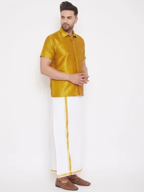 VM By VASTRAMAY Men's Mustard and White Silk Blend Shirt And Mundu Set