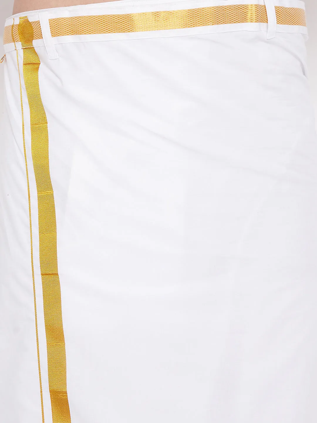 VM By VASTRAMAY Men's Mustard and White Silk Blend Shirt And Mundu Set