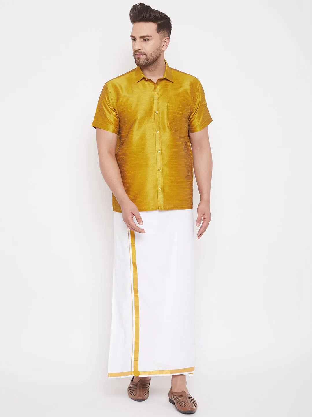 VM By VASTRAMAY Men's Mustard and White Silk Blend Shirt And Mundu Set