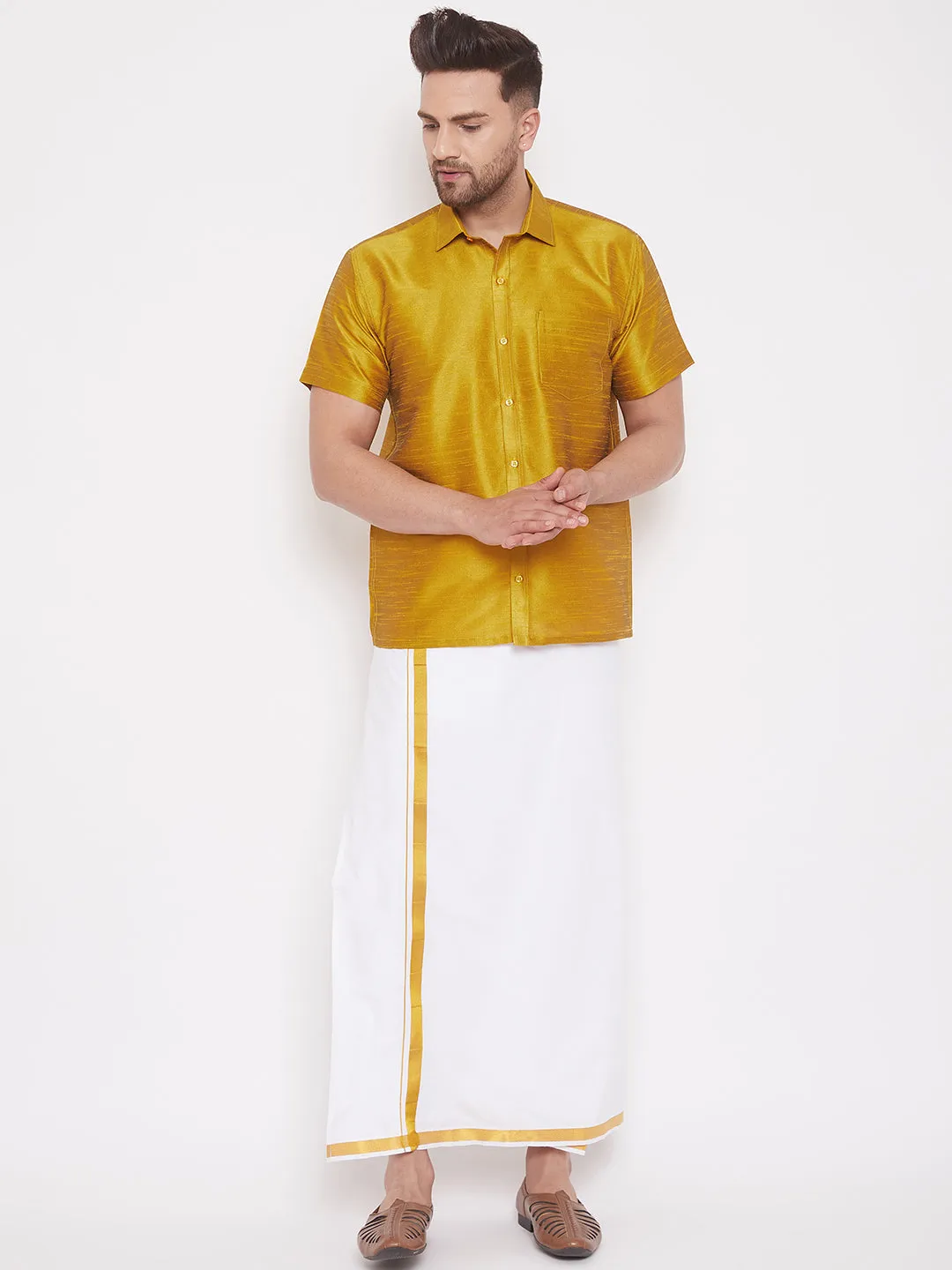 VM By VASTRAMAY Men's Mustard and White Silk Blend Shirt And Mundu Set