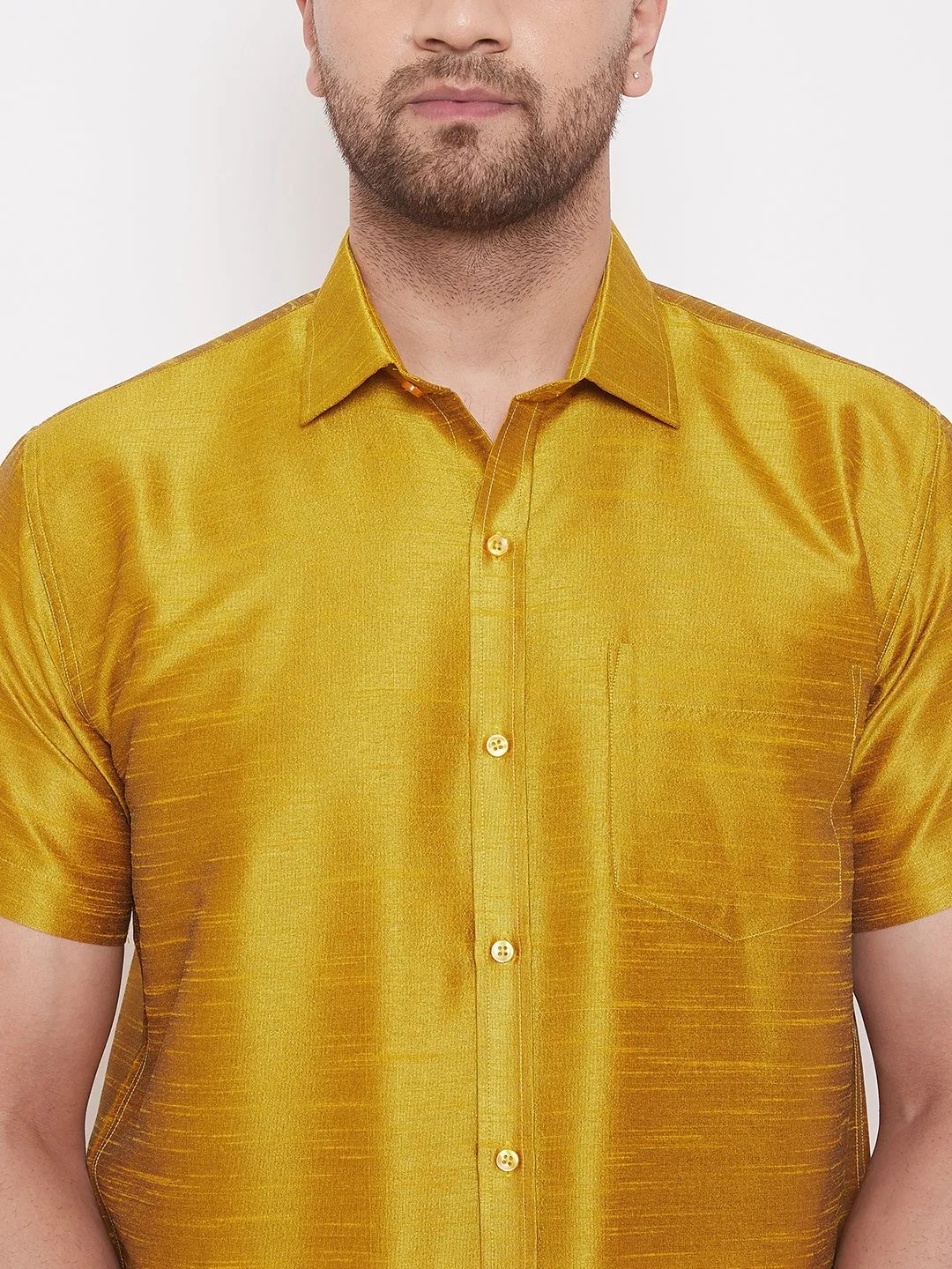 VM By VASTRAMAY Men's Mustard and White Silk Blend Shirt And Mundu Set