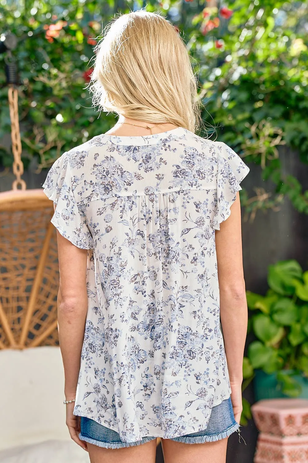 White & Blue Flutter Sleeve Floral Top