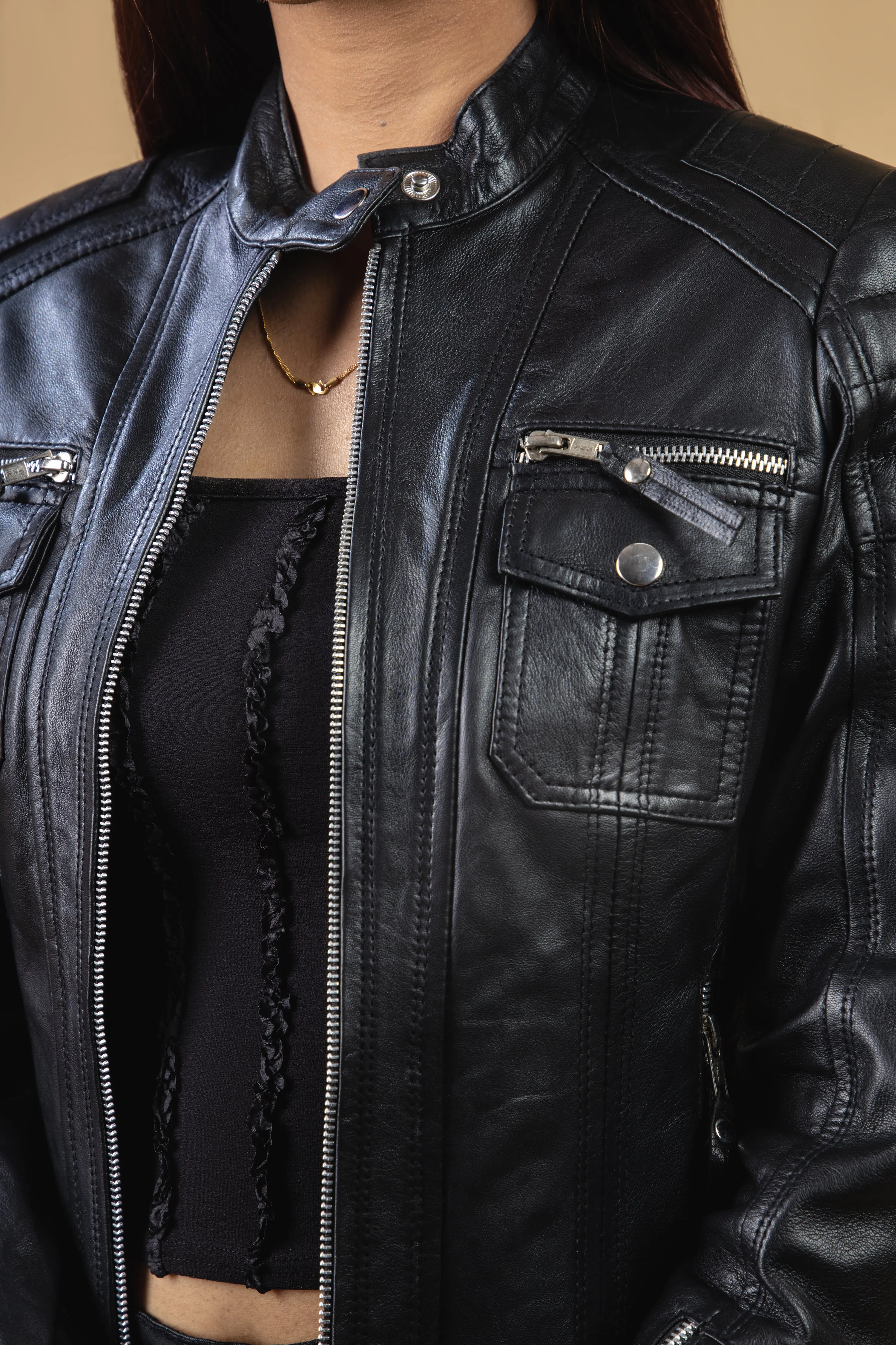 Woman Real Leather Biker Quilted Jacket Soft Lambskin