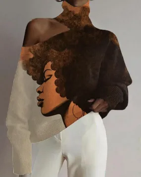 Women's Casual Turtleneck Print Top with Off-shoulder Black Afro and Matching Colors