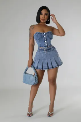 Women's Denim Pleated Buttoned mini Skirt Set