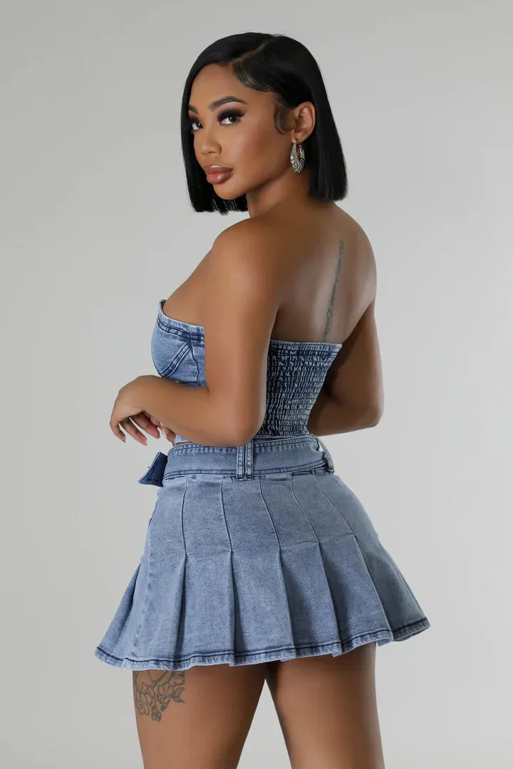 Women's Denim Pleated Buttoned mini Skirt Set