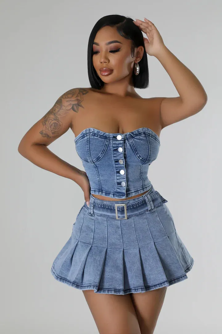 Women's Denim Pleated Buttoned mini Skirt Set