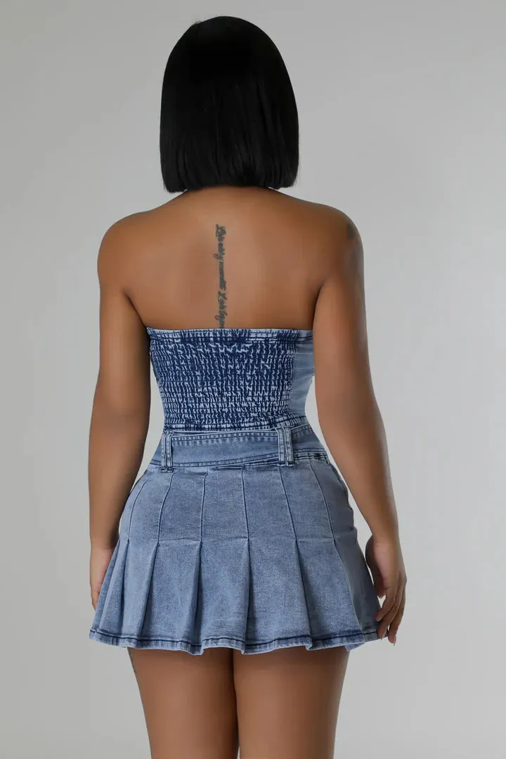 Women's Denim Pleated Buttoned mini Skirt Set